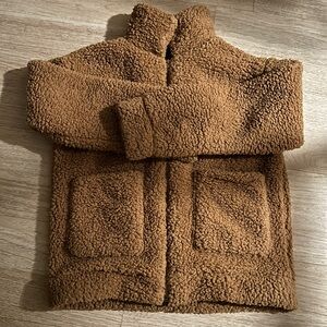 Brown Teddy Sherpa Jacket Womens Zip Pockets Small